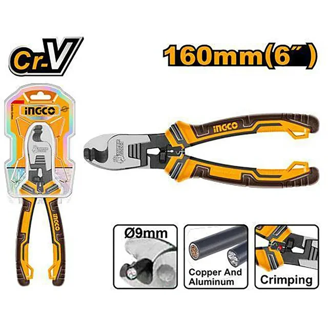 INGCO HCCB0206 6" Cable Cutter | 160mm Cr-V Cutting Pliers | Black Finish | TPR Comfort Grip Handle
