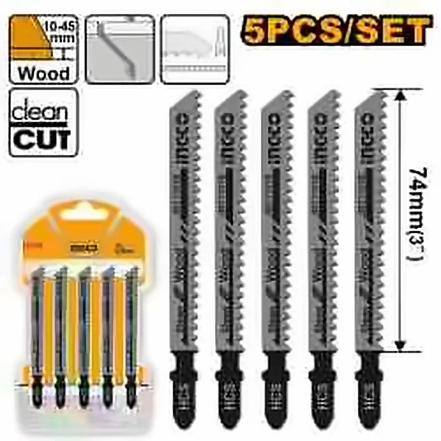INGCO JBT1101B 5-Piece Jigsaw Blades for Wood | 100mm | 10 TPI | HCS | Clean Cut Wood Blades