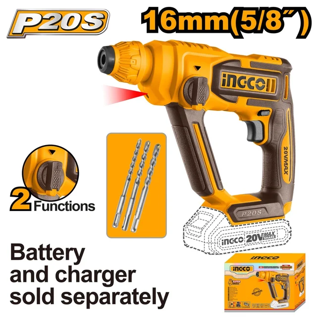 INGCO CRHLI20168 20V Cordless SDS-Plus Rotary Hammer | 1.5J Impact Energy | 5100 BPM | 16mm Concrete Drilling Capacity | 3 Drill Bits