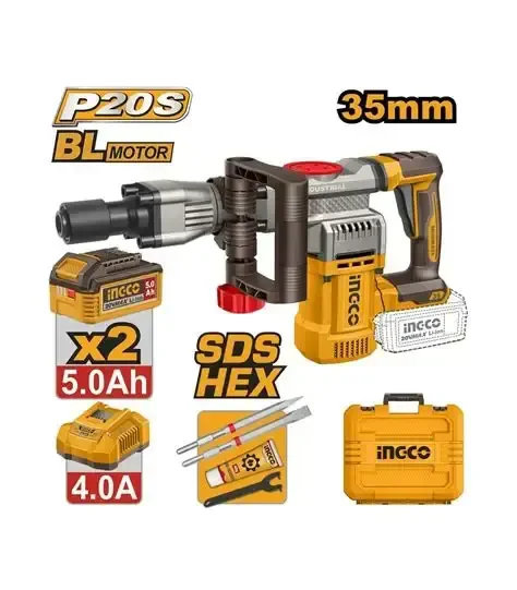 INGCO CDBLI203582 20V Brushless Cordless Demolition Hammer | 16J Impact Energy | 3200 BPM | SDS-Hex Chuck | 2 x 5.0Ah Batteries & Charger