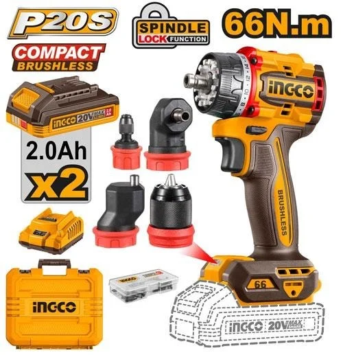 INGCO CDLI206686 20V Cordless Drill Driver | 66Nm Max Torque | 2-Speed 0-500/0-2000 RPM | Offset & Right Angle Attachments | LED Work Light