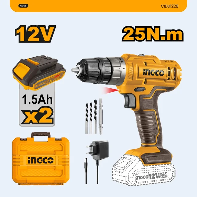 INGCO CIDLI1228 12V Cordless Impact Drill Driver Kit | 25Nm Max Torque | 22,500 BPM | 2-Speed 0-400/0-1500 RPM | 10mm Keyless Chuck | 2 x 1.5Ah Lithium-Ion Batteries