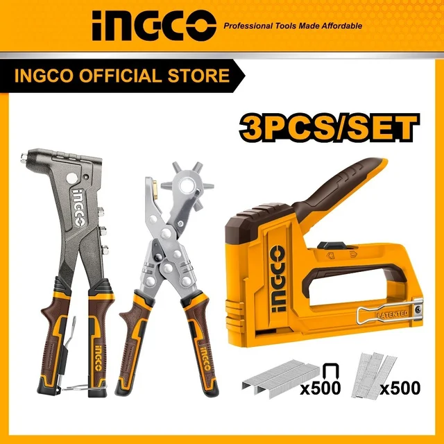 INGCO HRSG0401 3-Piece Fastening Tools Set | 2-in-1 Staple Gun | 6-14mm Staples & 10-15mm Brad Nails