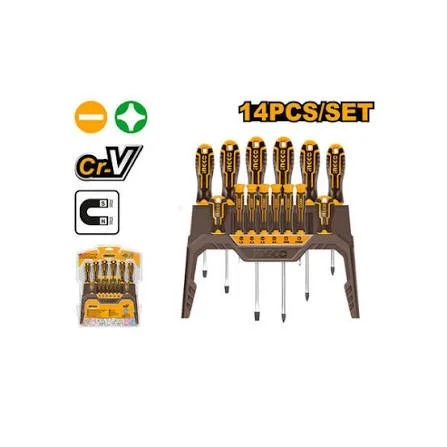 INGCO HKSD1428 14-Piece Screwdriver Set | 8 CR-V Screwdrivers & 6 Precision Screwdrivers | Phillips & Slotted