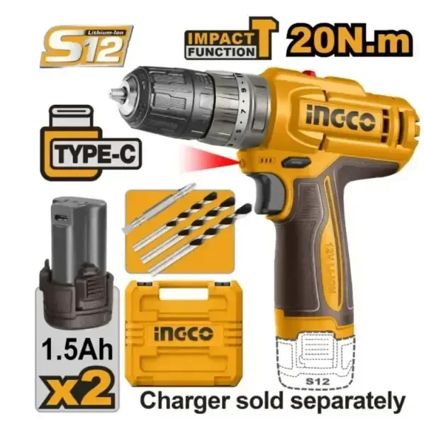 INGCO CIDLI12206 12V Cordless Impact Drill Driver | 20Nm | 22,500 BPM | Dual Battery Kit