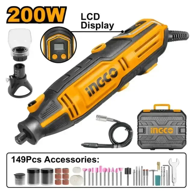 INGCO MG2008 200W Rotary Tool Kit | 10000-40000 RPM Variable Speed | LCD Display | 3.2mm/2.3mm Collet | 149 Accessories | Flexible Shaft | BMC Case