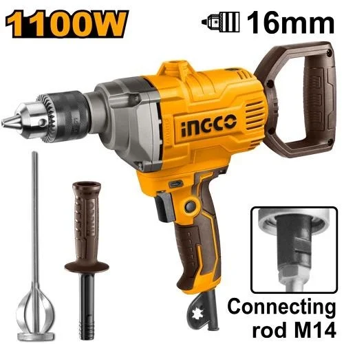 INGCO MX11008 1100W Electric Mixing Drill | 0-680 RPM | 16mm Drilling Capacity | Forward & Reverse | Aluminum Gear Box | Mixing Paddle