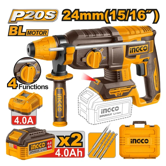 INGCO CRHLI202482 20V Cordless SDS-Plus Rotary Hammer | 2.4J Impact Force | 4900 BPM | 24mm Concrete Drilling | 1100 RPM