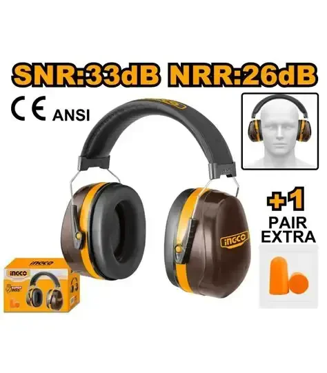 INGCO p INGCO HEM3328 Earmuff | SNR 33dB | NRR 26dB | Noise Reduction Hearing Protection | Extra Earplugs