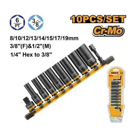 INGCO HKISSD38105L 10-Piece 3/8 Inch Drive Deep Impact Socket Set | 8-19mm | Cr-Mo Steel | Impact Adapters