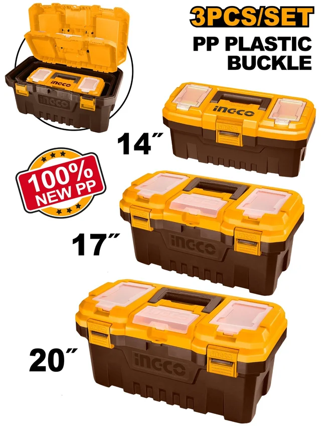 INGCO PBXK0301 3-Piece Plastic Tool Box Set | 14" 17" 20" | PP | Storage Compartments | Heavy Duty Handles