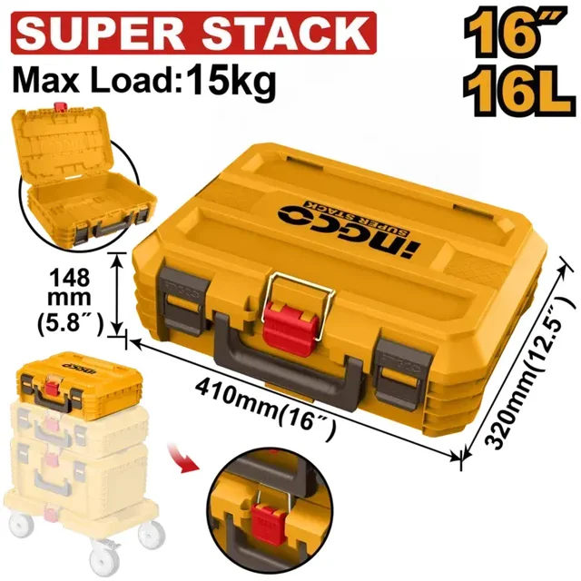 INGCO PBXS101 16" Stackable Tool Box | 15kg Max Load | PP Plastic | Portable Tool Storage Organizer