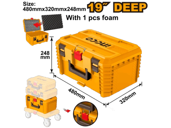 INGCO PBXS103 19" Deep Stackable Tool Box | 25kg Max Load | 1 Tray | PP Plastic Tool Storage Box