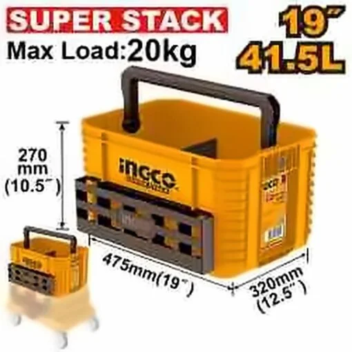 INGCO PBXS104 19" Stackable Plastic Tool Tote | 42L Capacity | 20kg Max Load | PP Tool Storage Box