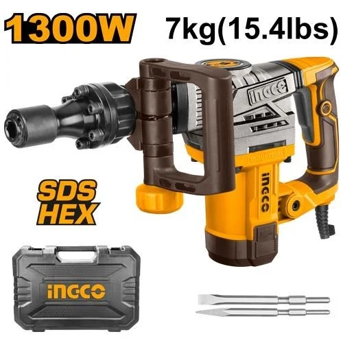 INGCO PDB130018 1300W Demolition Breaker | 20J Impact Force | 3800 BPM | HEX Chuck | Anti-Vibration System | 7kg Heavy Duty Jack Hammer | 2 Chisels | BMC Case