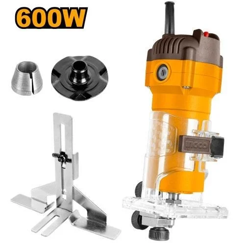 INGCO PLM6001 600W Laminate Trimmer | 34500 RPM High-Speed Router | 6mm & 1/4" Collet | Template, Trimmer & Straight Guides