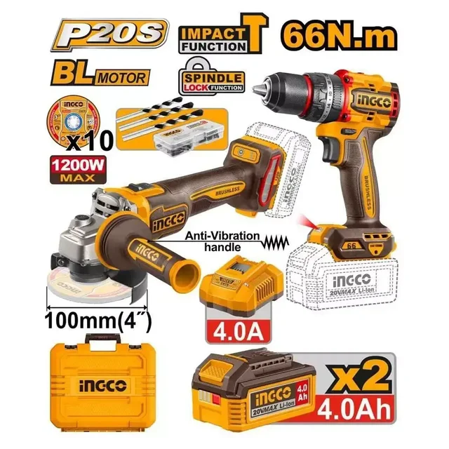 INGCO CKLI2025610 20V Cordless Combo Tool Kit | Brushless Impact Drill CIDLI206681 & Brushless Angle Grinder CAGLI212023 | Professional Power Tool Set