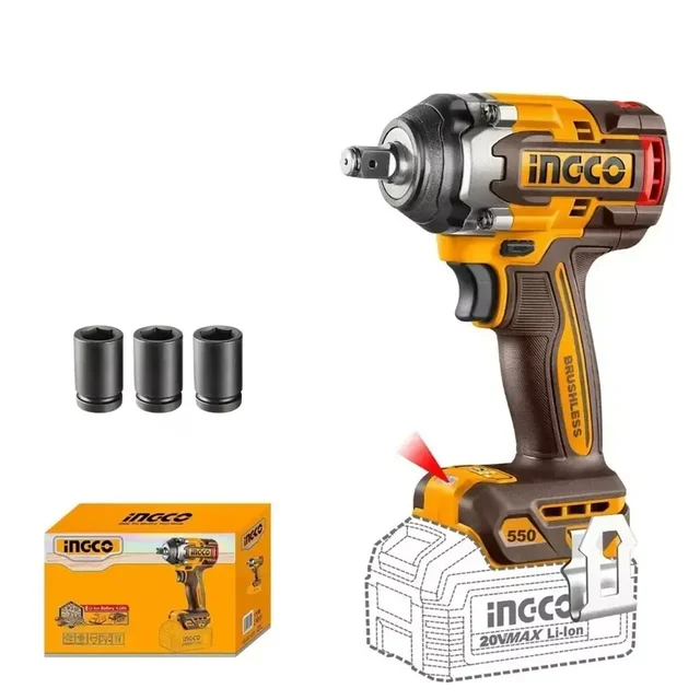 INGCO CIWLI20551 20V Brushless Cordless Impact Wrench | 550Nm Fastening Torque | 700Nm Breakaway Torque | 3-Speed 1/2" Drive | Belt Clip Included