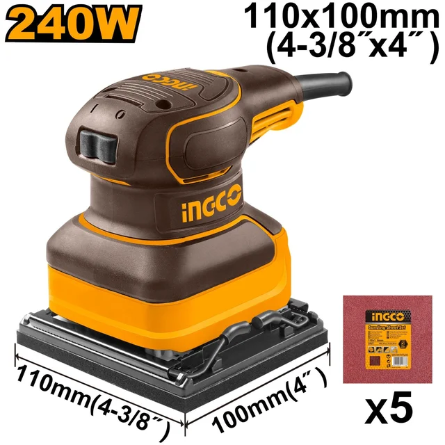 INGCO PS2416 240W Finishing Sander | 14000 RPM | 110x100mm Sanding Base | 5 Sandpapers | Extra Carbon Brushes | Electric Detail Sander
