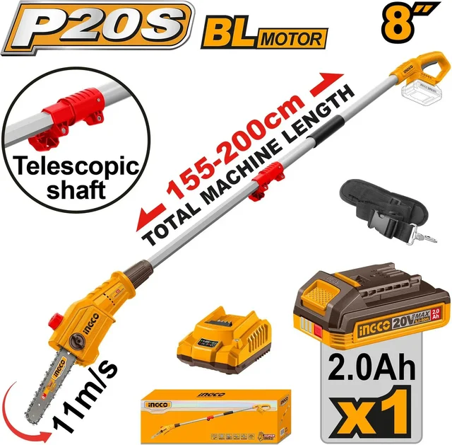 INGCO PSLI20281 20V Brushless Cordless Pole Saw | 8" (20cm) Guide Bar | 11m/s Chain Speed | 2m Max Reach | 70ml Oil Tank | 2.0Ah Battery & Charger