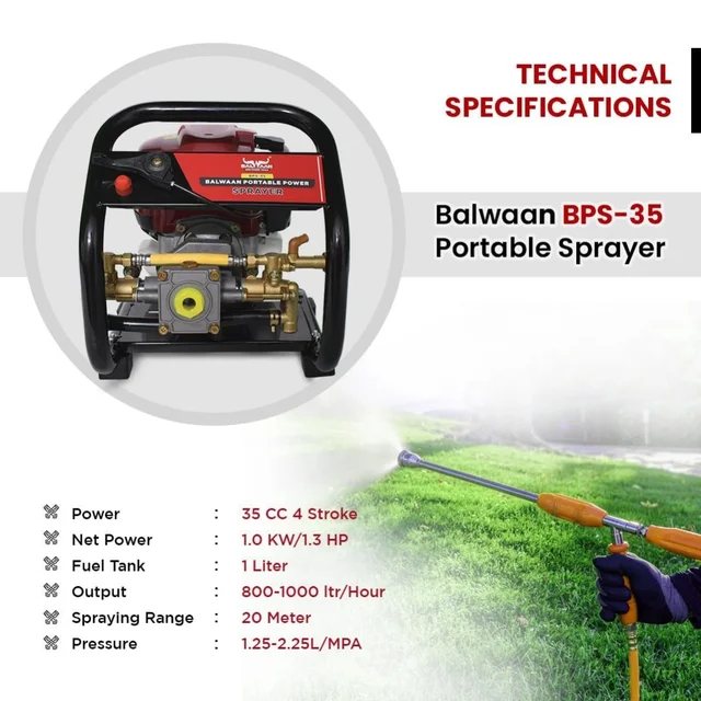 Balwaan Krishi Balwaan BPS-35 Portable Sprayer 35cc 4 Stroke Petrol Engine with 2 , 45cm Spray Guns, 50m Hose Pipe & Tool Kit - MTAK-EN-SP-5117