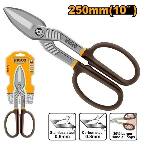 INGCO HTS0410 10 Inch Tin Snips | 0.8mm Carbon Steel & 0.6mm Stainless Steel Cutting | Drop-Forged Steel