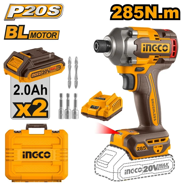 INGCO CIRLI2028 20V Brushless Cordless Impact Wrench | 285Nm Max Torque | 3-Speed 0-1600/1900/2600 RPM | 1/4" Hex Shank | LED Work Light | 2 x 2.0Ah Batteries