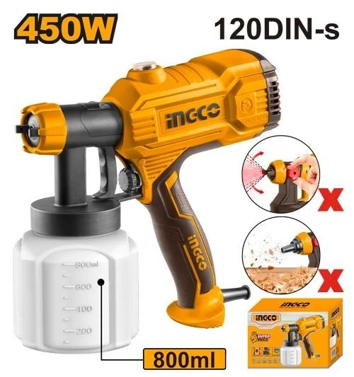 INGCO SPG3508 450W Electric Paint Sprayer | 800ml Container | 380ml/min Flow Rate | 0.1-0.2Bar Spray Pressure | 50DIN-s Viscosity | Paint Spray Gun