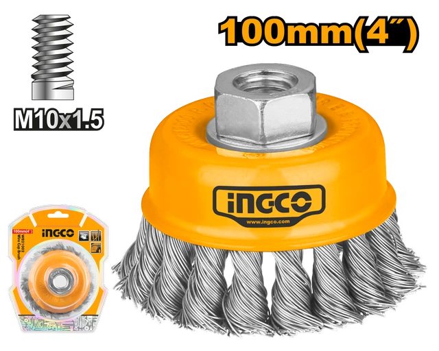 INGCO WB21002 100mm 4" Wire Cup Brush | M10x1.5 Thread | 0.5mm Wire | 8500 RPM | Rust & Paint Removal