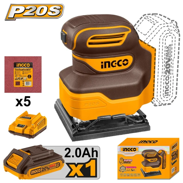 INGCO CSHSLI20141 20V Cordless Palm Sander | 12000 RPM High-Speed Random Orbital Sander | 110 x 100mm Sanding Base | 2.0Ah Battery & Charger
