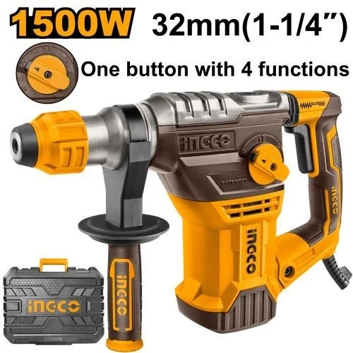 INGCO RH150068 1500W SDS Plus Rotary Hammer Drill | 850 RPM | 4400 BPM | 5.5J Impact Energy | 32mm Concrete Capacity | 4 Functions | 3 Drills & 2 Chisels