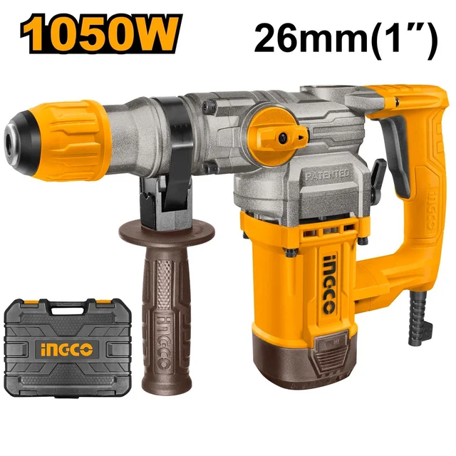 INGCO RH10506 1050W SDS Plus Rotary Hammer Drill | 1200 RPM | 3800 BPM | 4.5J Impact Energy | 26mm Concrete Capacity | 3 Drills & 2 Chisels | BMC Case