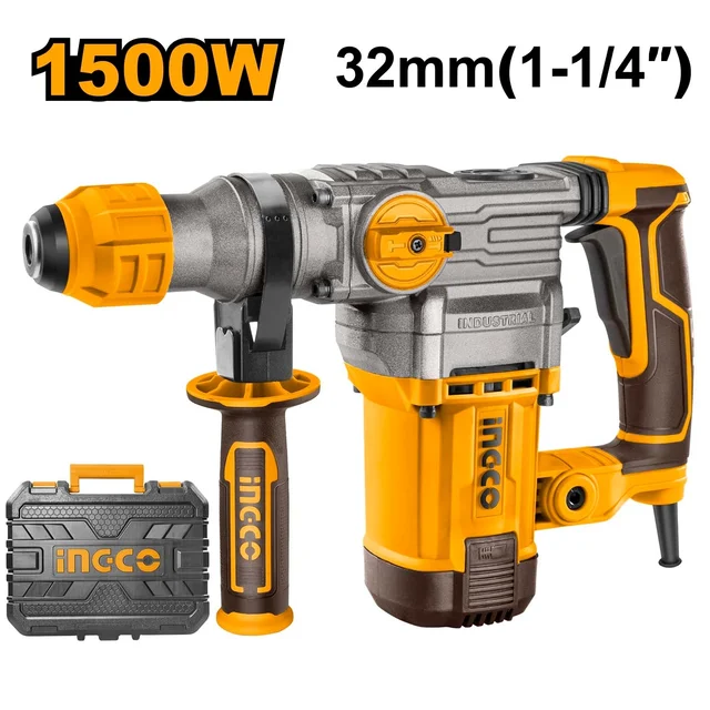 INGCO RH150038 1500W SDS Plus Rotary Hammer Drill | 950 RPM | 4500 BPM | 5.5J Impact Energy | 32mm Concrete Capacity | Anti-Vibration | 3 Drills & 2 Chisels | BMC Case