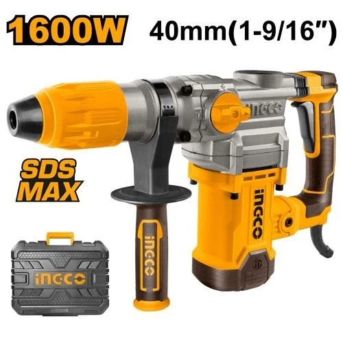 INGCO RH1600388 1600W SDS Max Rotary Hammer Drill | 630 RPM | 3850 BPM | 10J Impact Energy | 40mm Concrete & 100mm Core Bit Capacity | Anti-Vibration