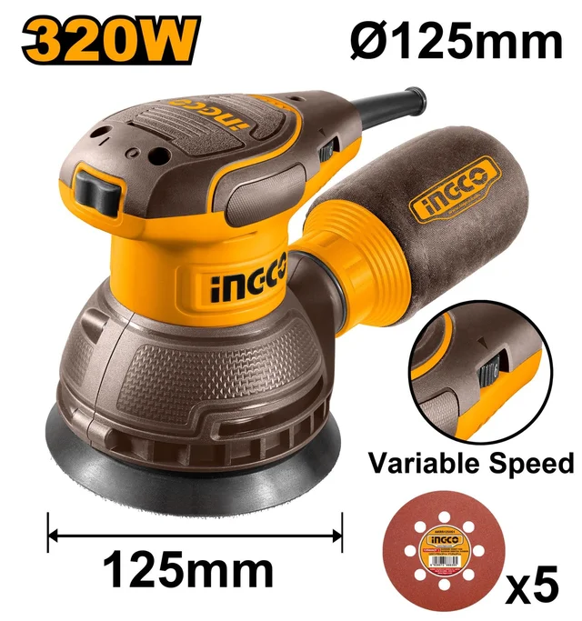 INGCO RS3216 320W Random Orbital Sander | 8000-13000 RPM | 125mm Sanding Pad | Velcro Base | Variable Speed Control | 5 Sandpapers