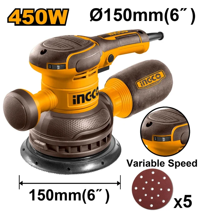 INGCO RS4516 450W Random Orbital Sander | 6000-12000 RPM | 150mm Sanding Pad | Velcro Base | Variable Speed Control | 5 Sandpapers