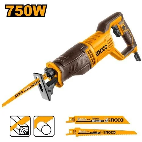INGCO RS7508 750W Reciprocating Saw | 900-3300 RPM | 115mm Wood, 8mm Steel & 12mm Aluminum Cutting | SDS Blade Chuck | 2 Saw Blades