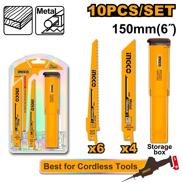 INGCO RSB1002 10-Piece Reciprocating Saw Blade Set | 150mm 6" Blades | 6T HCS Wood Blades & 18T Bi-Metal M42+D6A Metal Blades | Plastic Tube