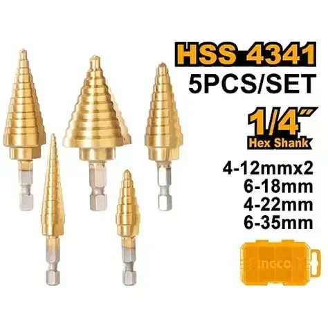 INGCO AKSDS2051 5-Piece HSS 4341 Step Drill Bit Set | 4-22mm | 1/4" Hex Shank | Multi-Step Metal Drill Bits