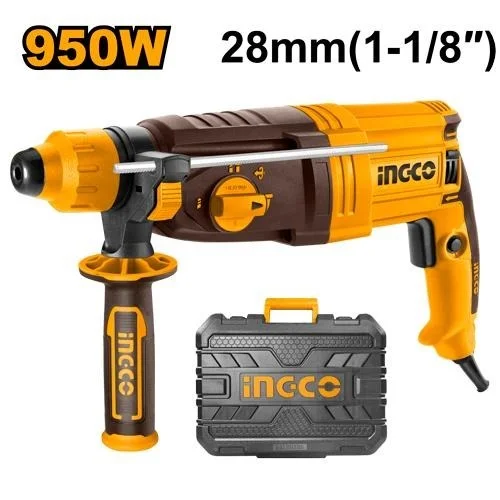 INGCO RGH9528 950W SDS Plus Rotary Hammer Drill | 1050 RPM | 4670 BPM | 2.5J Impact Energy | 28mm Concrete Capacity | 3 Drills & 2 Chisels