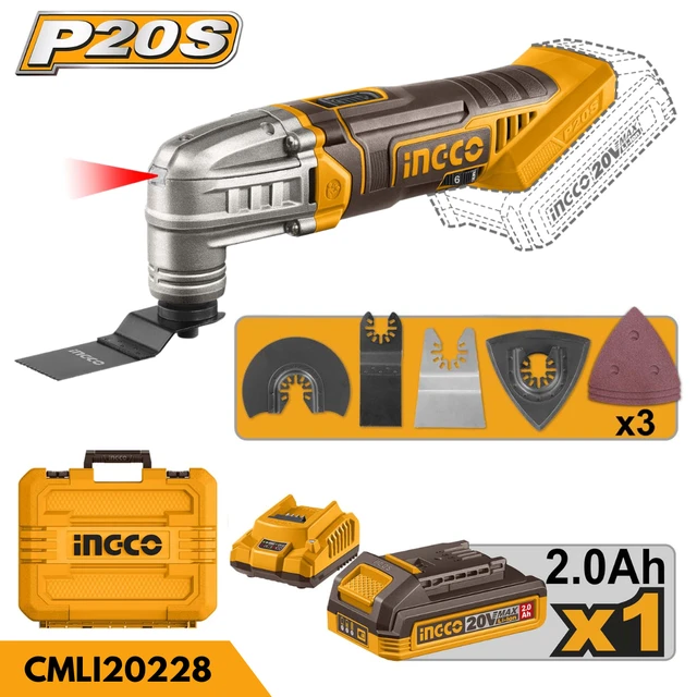INGCO CMLI20228 20V Cordless Multi-Tool | 5000-20000 RPM Variable Speed | 3.2� Oscillation Angle | 6-Speed Control | 2.0Ah Battery & Accessories
