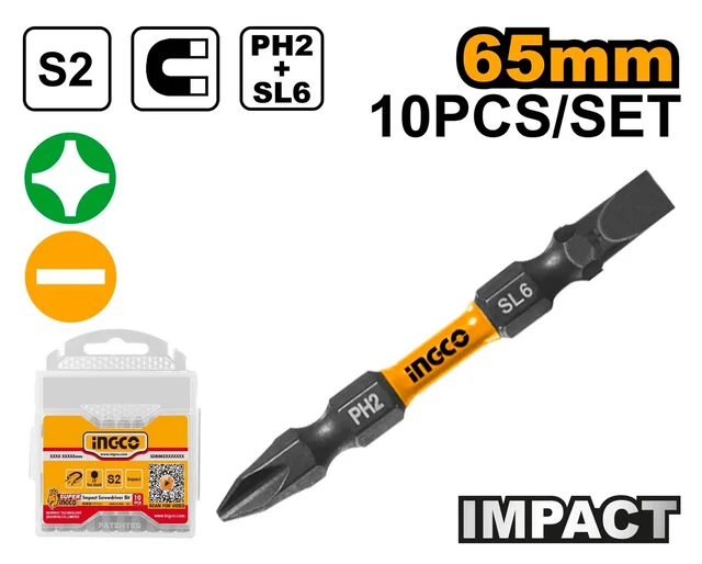 INGCO SDBIM21HL133 PH2+SL6.0 65mm Impact Screwdriver Bits 10-Piece Set | S2 Steel | Magnetic | Shock Zone