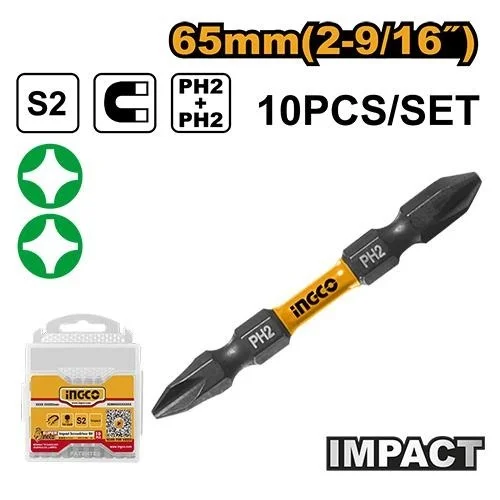 INGCO SDBIM21PH233 PH2+PH2 65mm Impact Screwdriver Bits 10-Piece Set | S2 Steel | Magnetic | Shock Zone