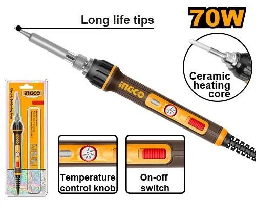 INGCO SI01606 70W Adjustable Temperature Soldering Iron | 500�C Max Temperature | 1-2 Min Fast Preheat | Ceramic Heating Element | Holder