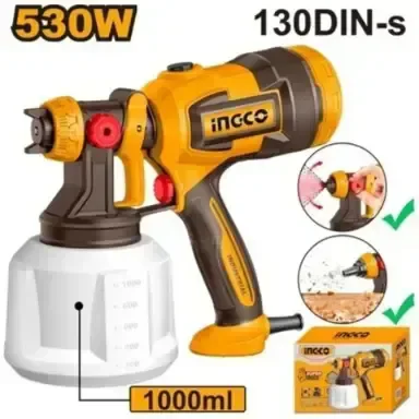 INGCO SPG4506 530W Electric Paint Sprayer | 1000ml Container | 410ml/min Paint Flow | 950ml/min Water Flow | 130DIN-s Viscosity | Dust Blower Function
