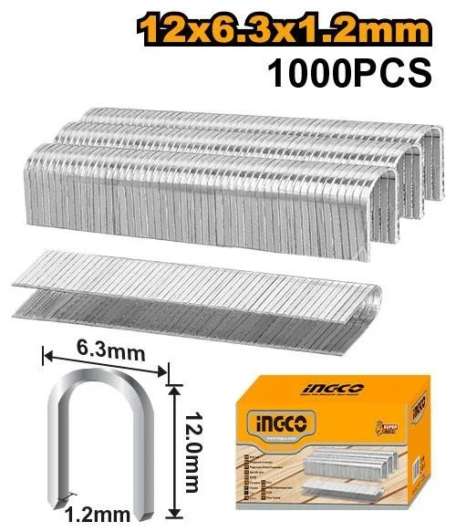 INGCO STS0412 12mm Staples 2000-Piece Box | 6.3mm Crown | 1.2mm Width | HSG1405 & HSG1407 Compatible
