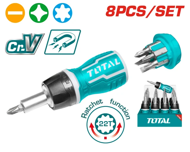 Total Tools TOTAL TOOLS 8-in-1 Stubby Ratchet Screwdriver Set with 7-Piece Cr-V Screwdriver Bits (SL5, SL6, PH0, PH1, PH2, T10, T20) - TACSDS1726