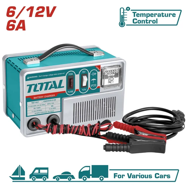 TOTAL TOOLS TBC1501 Battery Charger 6V/12V, 6A Charging Current, Compatible with 40�90Ah Batteries, 220�240V Input, 50/60Hz, Heavy-Duty Automotive Battery Charging Unit