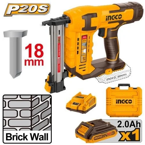 INGCO CSTLI3808 20V Cordless Concrete Nailer | ST18mm Nail Gun | 2 Nails/s Drive Rate | 65-Piece Magazine | 200 Concrete Nails | 2.0Ah Battery
