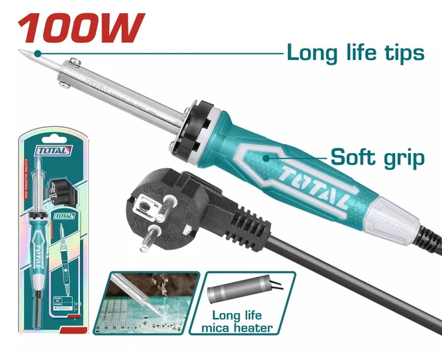 Total Tools TOTAL TOOLS 100W Electric Soldering Iron (220-240V) with Straight Tip Head, Stand, and Long-Life Replaceable Tip - TET10006